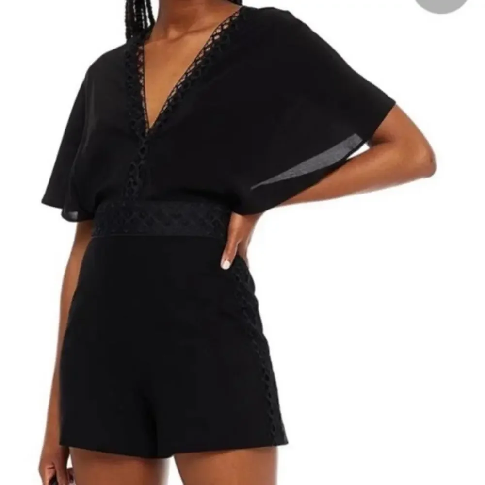 Maje Idelle Lace Trim Flutter Sleeve V Neck Silk Romper in Noir XS